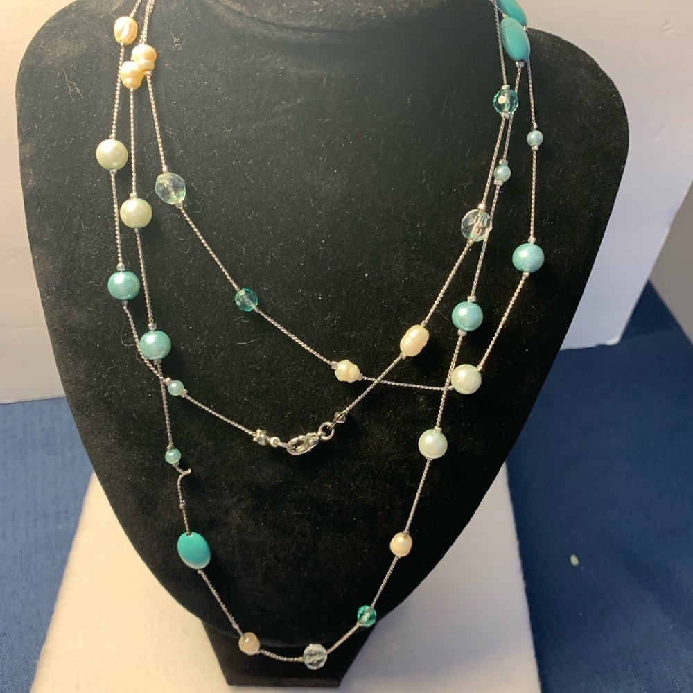 54 Inch Silver Tone Necklace with White & Blue Crystals, Faux Pearls & Beads